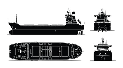 Obraz premium Detailed blueprint of a general cargo vessel, including front, side, and top views.