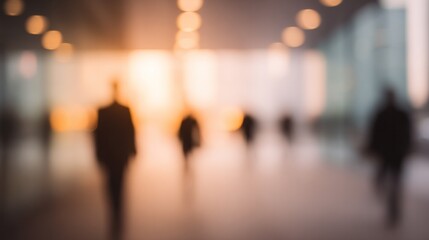 Fototapeta premium Blurred Silhouettes Of People Walking In A Modern Urban Environment With Warm Sunset Background For Digital Use And Print Media