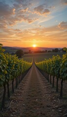 Fototapeta premium Vineyard Rows Leading to Sunset Horizon Golden Sky