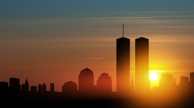New York skyline silhouette with Towers at sunset. 09.11.2001 American Patriot Day video.