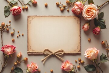 Romantic Vintage Floral Frame with Blank Antique Paper Note Card Tied with Jute Twine Bow