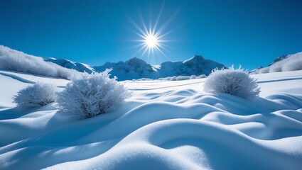 Bright sun shines over snow covered mountains and frosty bushes in winter landscape