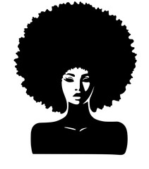 Striking black silhouette of a woman with a voluminous afro hairstyle and expressive eyes isolated on transparent background silhouette