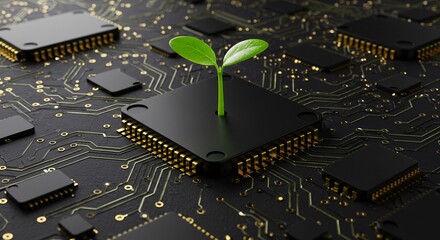 A seedling grows from a microchip, representing bio-integrated technology.