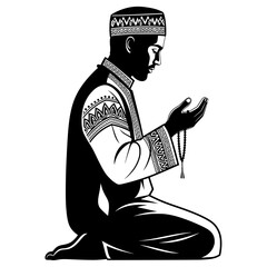 A man in traditional islamic attire wearing a kufi cap kneeling and praying with hands outstretched in a devotional gesture silhouette isolated on transparent background