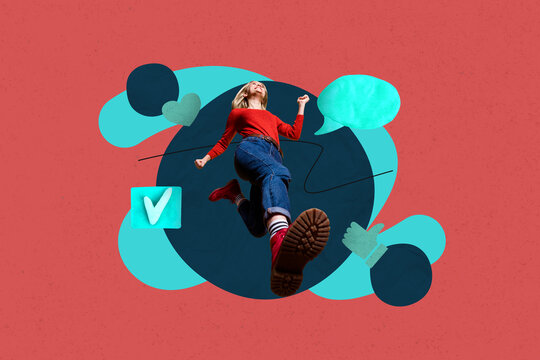 Poster surreal collage of person run with 3d check mark icon like comment on red background