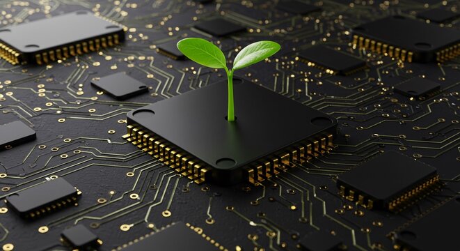 A seedling grows from a microchip, representing bio-integrated technology.