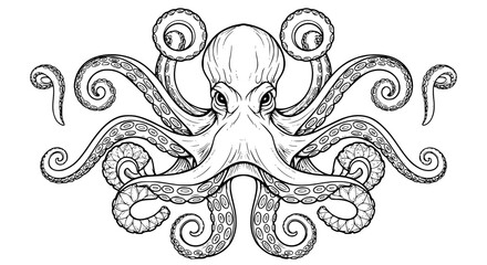 A striking black silhouette of a playful octopus with curly tentacles and wide eyes isolated on a transparent background showcasing its unique marine life form isolated on transparent background