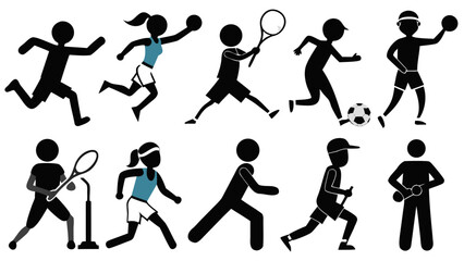 Black vector silhouettes of people playing various sports like soccer, basketball, and tennis, capturing dynamic action and fitness