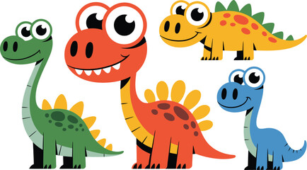 Fototapeta premium Cute cartoon dinosaurs on white background Keywords: dinosaur, cartoon, cute, illustration, green