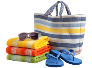 Beach essentials colorful towels, striped bag, flip-flops, and sunglasses. Perfect for summer vacation plans, relaxation, and outdoor leisure. isolated on transparent background. PNG, cutout
