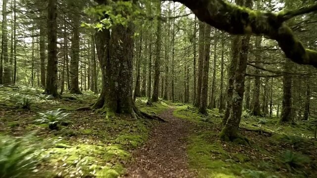 A mossy forest scene with a path large trees and overhanging branches