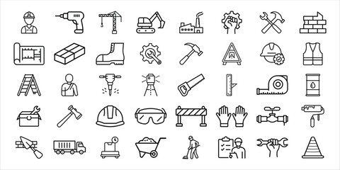 Collection of hand drawn construction and building icons in a grid layout