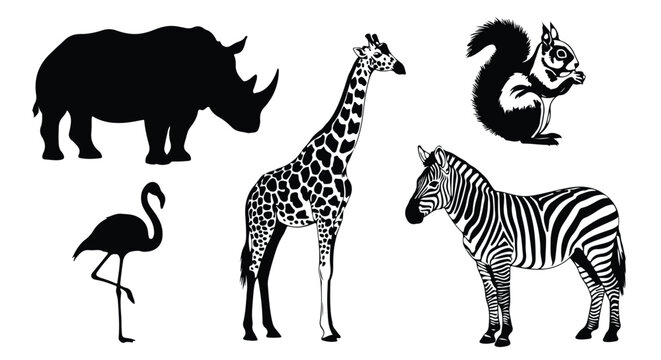 Vector silhouette illustration a collection of african animal silhouettes including a rhino, giraffe, and zebra