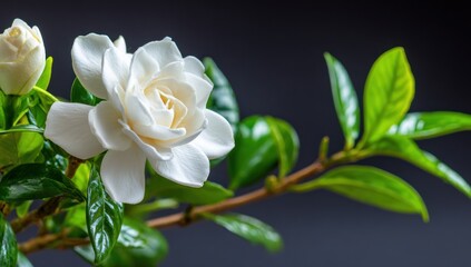 Obraz premium Pristine white gardenia bloom unfurls, nestled among glossy green leaves against a soft, dark backdrop. Delicate petals and vivid foliage highlight natural beauty