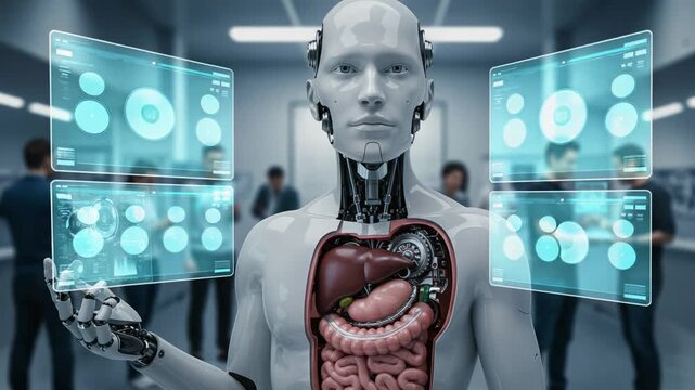 A futuristic humanoid robot with transparent anatomy showcasing internal organs and interactive holographic displays in a high-tech environment filled with people.