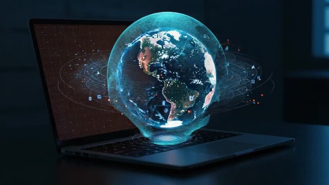 A stunning visual of a glowing globe emerging from a laptop screen, showcasing a fusion of technology and global connectivity in a digital age filled with data. - Powered by Adobe