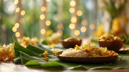 Traditional Onam Sadya served on banana leaves with rice and curries. Decorated with yellow flowers and set in a festive atmosphere.