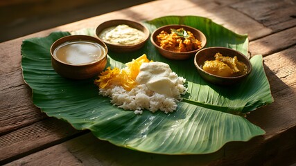A traditional Onam Sadya served on a banana leaf. The meal includes rice, curry, and various side dishes in small bowls. The setting is rustic and warm.