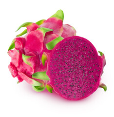 Whole red fleshed pitahaya fruit with a half isolated on white background