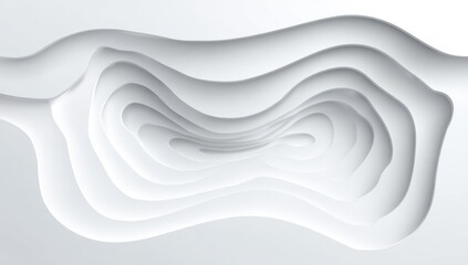 White layered abstract shapes cascade inward, creating a depth effect resembling topographic contours or organic forms. Soft shadows define each layer against a neutral backdrop