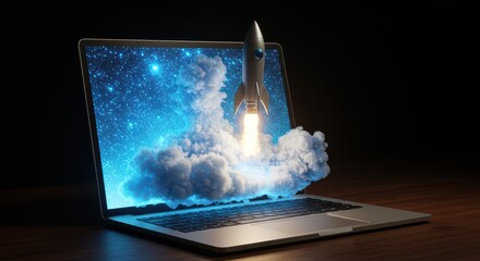 Imagine the possibilities as a rocket launches from your computer screen into the vastness of space representing innovation and technology