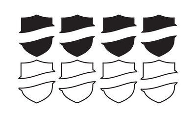 Angled Shield & Banner Icons, A set of  black silhouette vector shield emblems, some featuring a dynamic diagonal band, in solid and outline styles