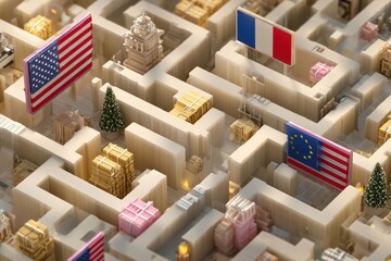 Maze of International Flags: A complex maze is filled with international flags, signifying the challenges and complexities of global relations.