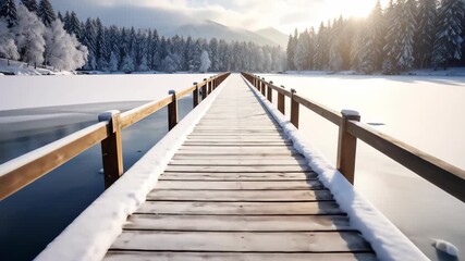 A serene journey forward on a snow-covered wooden pier through a majestic winter landscape. - Powered by Adobe
