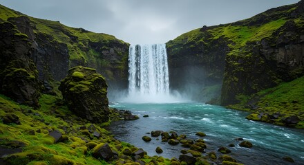 Icelandic waterfall, dramatic cliffs and vibrant green moss