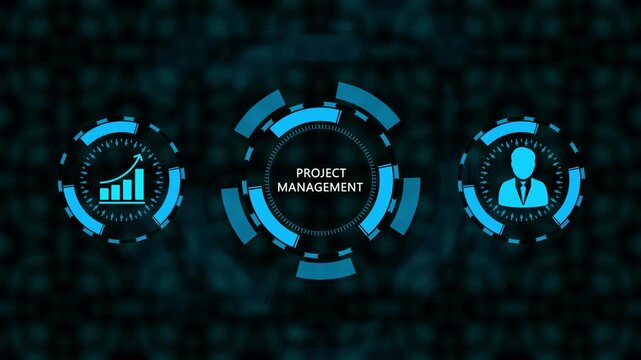 Futuristic digital interface with glowing blue circular H U D elements displaying business growth