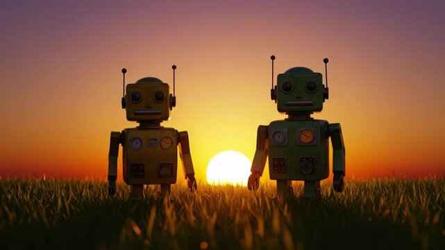 Two colorful retro robots standing together in a lush green field at sunset, capturing a heartwarming moment of companionship against a vibrant sky.