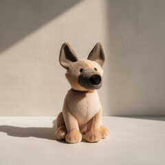 Cute dog plush toy sitting in the sunlight, casting shadow on the wall and bright look 