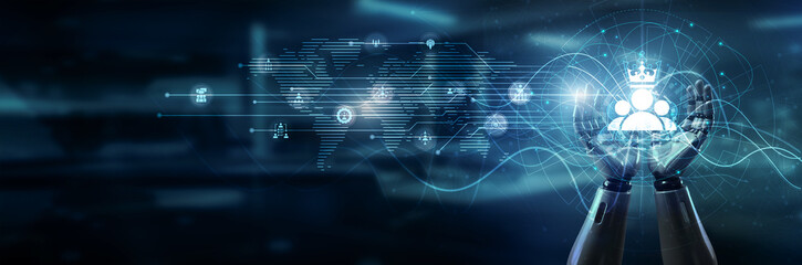 Hand of robot holding leadership development module, vision strategy team guidance influence mentoring decision-making innovation coaching growth direction collaboration success.