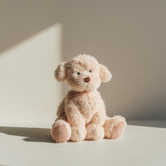 Plush beige puppy toy sitting on a surface, capturing soft light and shadow