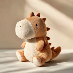 Cute cuddly brown toy dinosaur doll with sweet expression and soft features