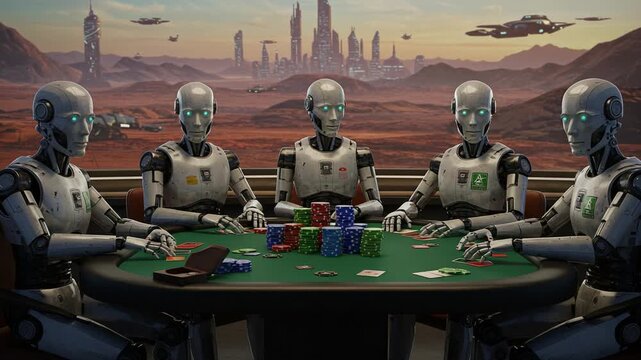 A High-Stakes Poker Game Among Advanced Robots in a Futuristic Landscape, Showcasing Technology and Strategy in an Unconventional Setting