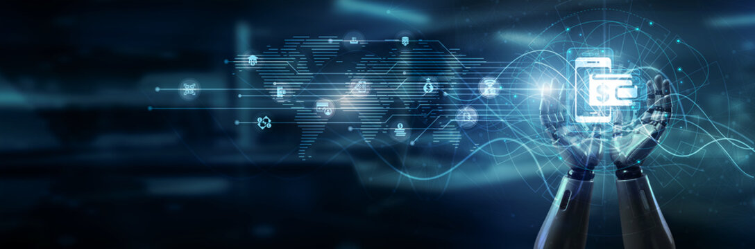 Hand of robot holding mobile wallet app, contactless payments secure transactions authentication user-friendly integration fintech platforms digital currency accessibility, and convenience.