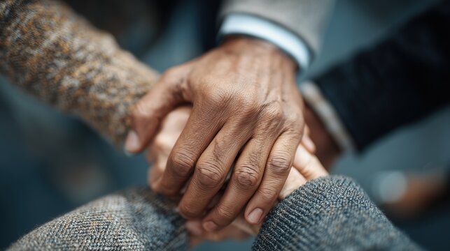 A close-up of diverse hands stacked together, symbolizing unity and teamwork. The hands vary in skin tones and textures, representing collaboration among different cultures.