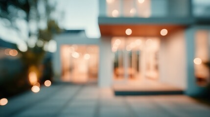 Fototapeta premium Blurred modern house entrance at dusk. Warm bokeh lights with soft focus doorway and patio. Feeling of comfort and aspiration. Ideal for real estate marketing and lifestyle branding.