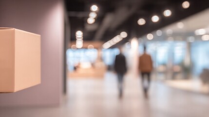 Blurred Office Background with Delivery Box and Figures Walking in a Modern Workspace for Website Backgrounds, Flyers, or Corporate Presentations