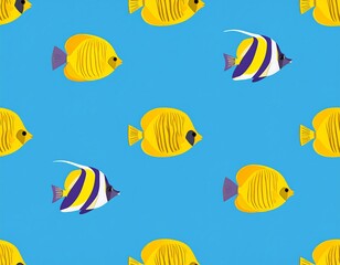 Fototapeta premium Repeating pattern of yellow and purple fish on a light blue background