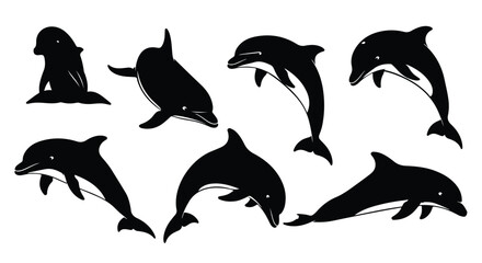 Naklejka premium Silhouette vector set a dynamic group of dolphins leaping and swimming gracefully in the ocean, captured in a striking silhouette