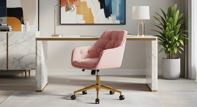 Elegant home office interior featuring a chic pink velvet swivel chair on a gold base, a modern white desk, and contemporary decor.