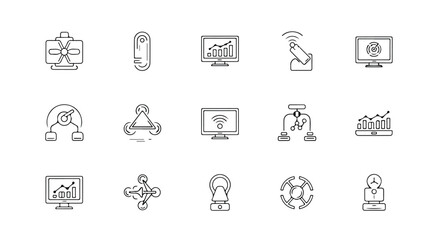 Vector silhouette illustration a grid of technology and digital icons representing data, connectivity, and automation