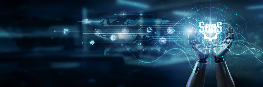 Hand of robot holding SaaS platform portal, cloud delivery subscription scalability updates integration accessibility collaboration performance uptime data synchronization.