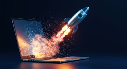 Digital Transformation Accelerates Business Growth and Innovation With Rocket Launching From Laptop Screen