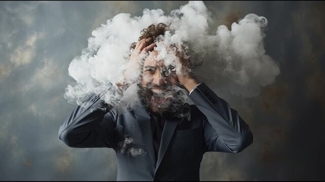 Businessman with cloud of smoke in head, concept for ideas, stress, and mental overload thinking workaholic