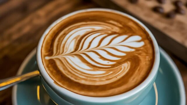 A close-up view of a beautifully crafted cappuccino with rosetta latte art, set on a wooden table with coffee beans