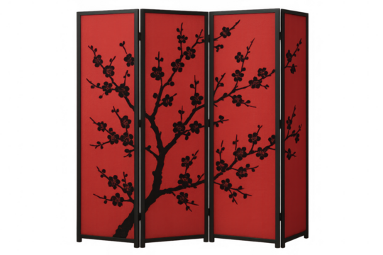 Elegant red folding screen divider displaying delicate black cherry blossom pattern, highlighting traditional asian interior decor styling